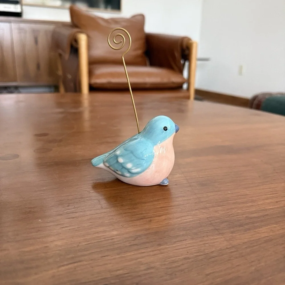 Ceramic Bluebird Figurine Photo Memo Place Card Holder Gold Wire Clip Blue Pink